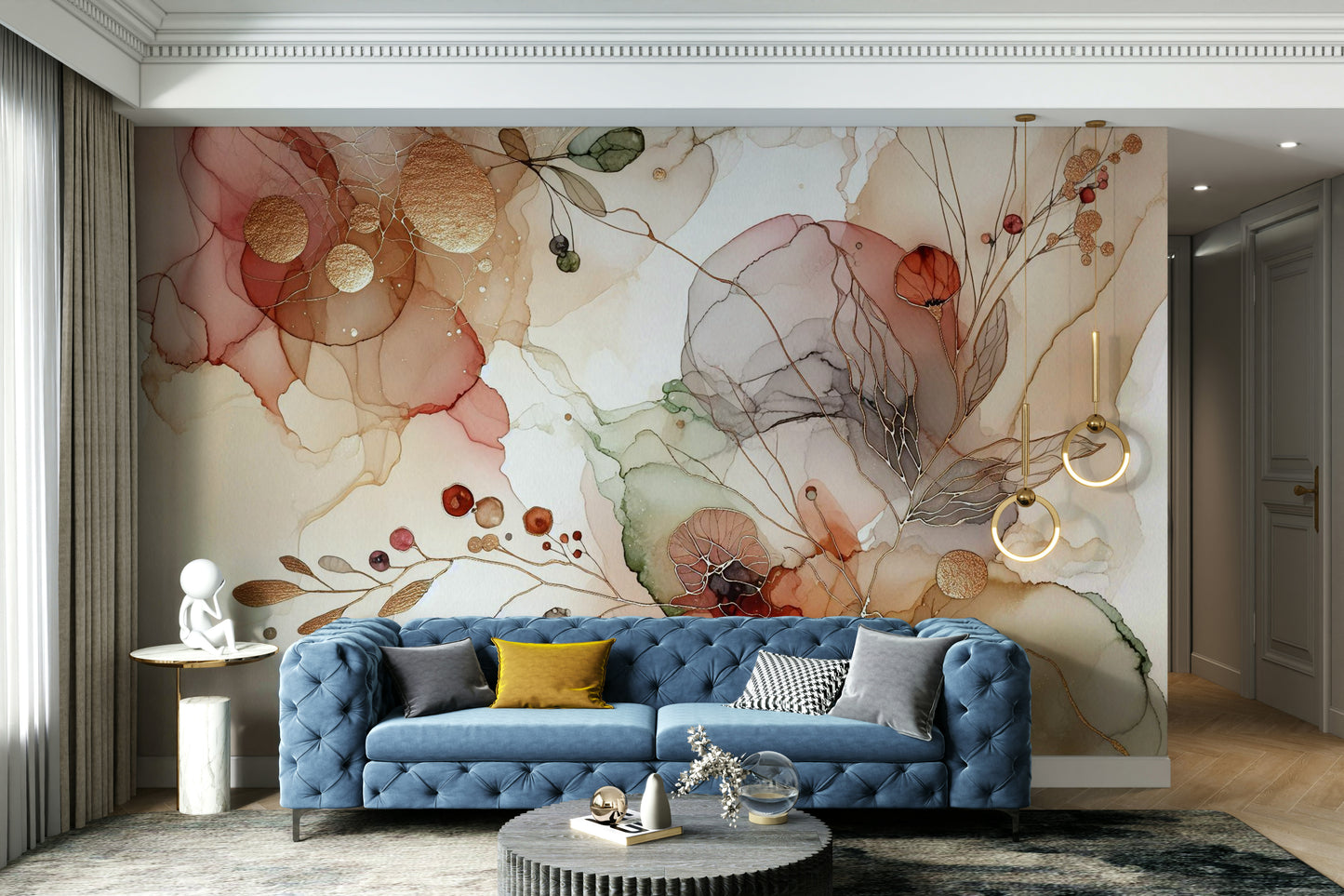 Soft yet striking abstract botanical wall mural for vibrant spaces.

