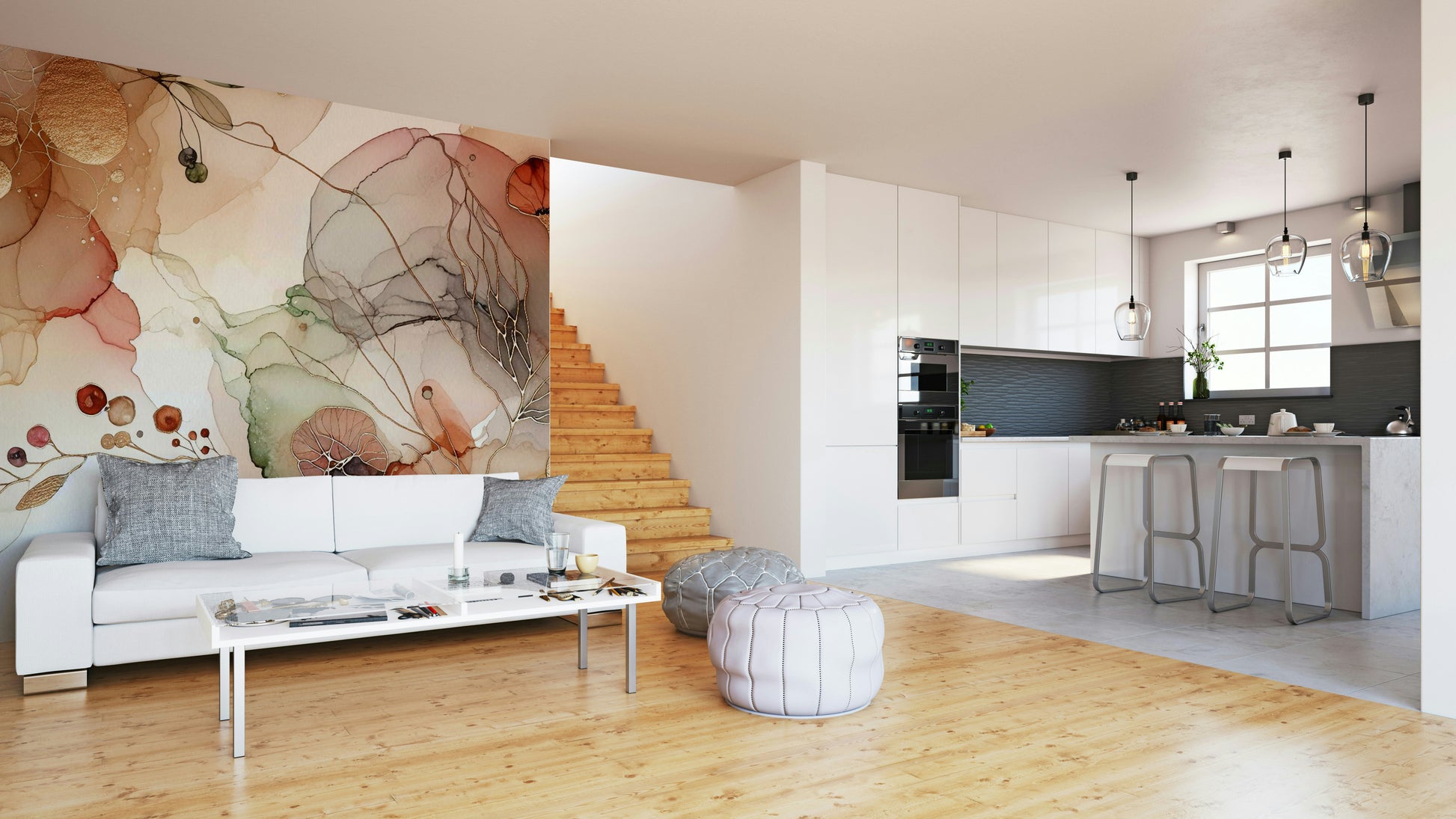 Organic shapes and botanical hues for a dynamic wall mural.

