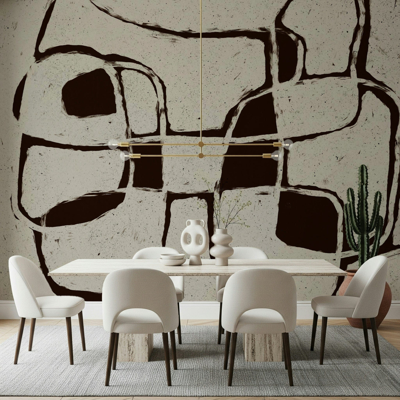 A peaceful modern abstract mural on decorative wallpaper.