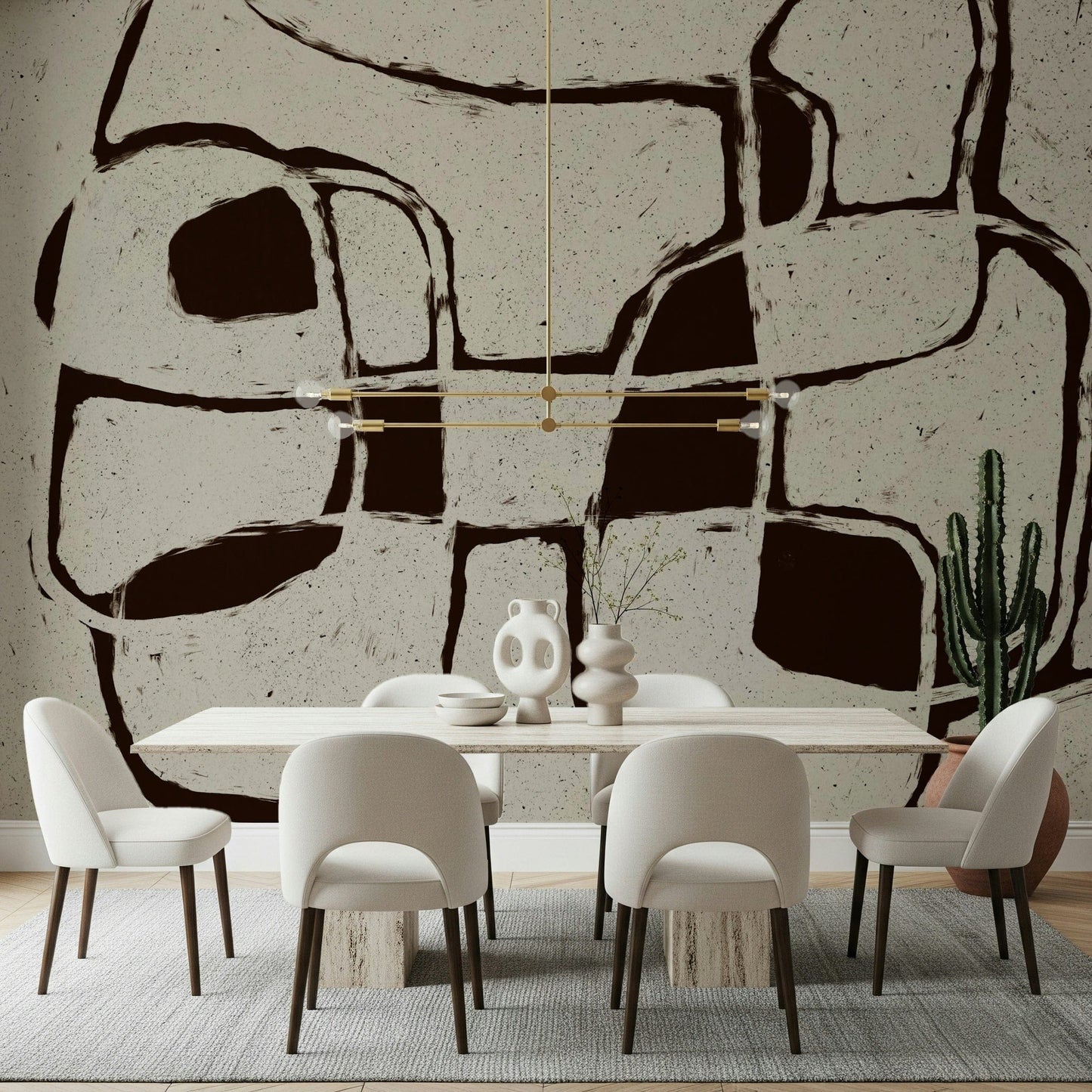 A peaceful modern abstract mural on decorative wallpaper.
