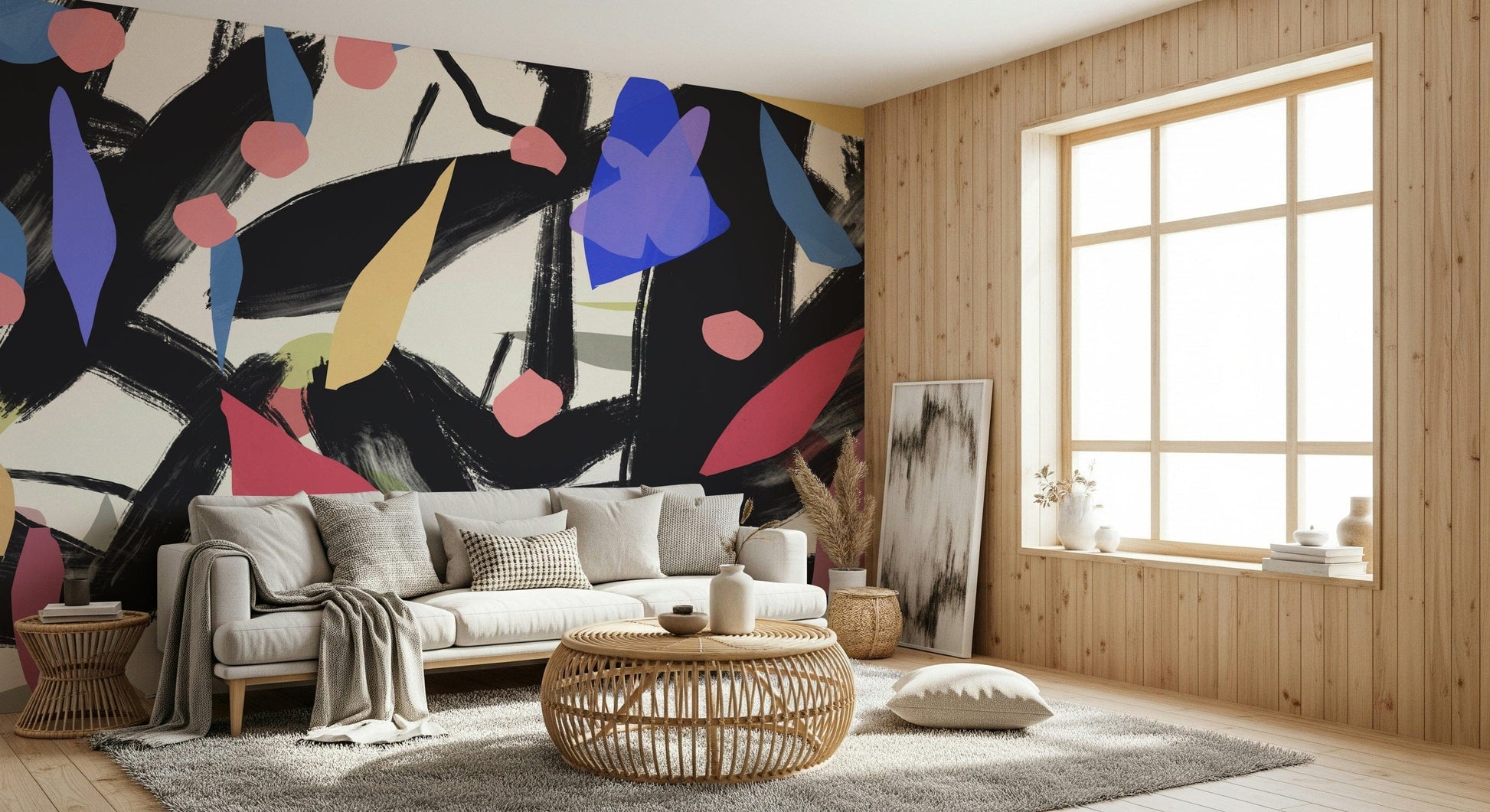 A calming abstract design wallpaper mural that defines a space.