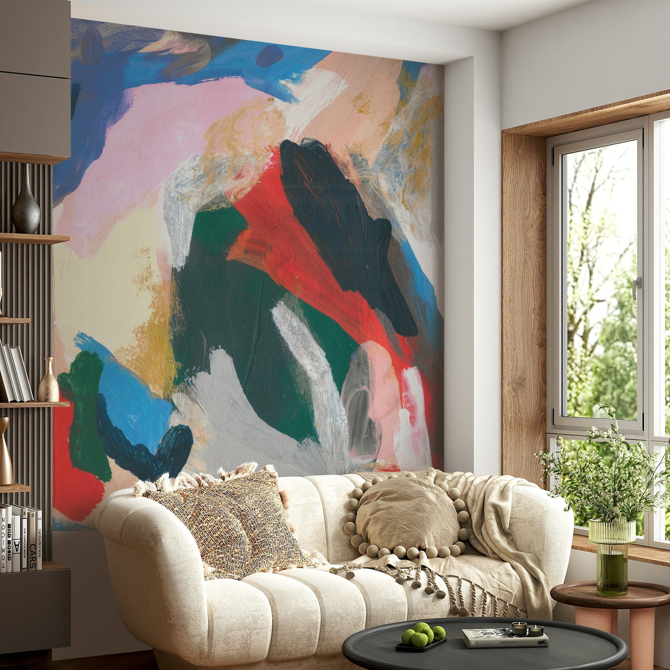 An artistic soft focus mural on minimalist wallpaper.