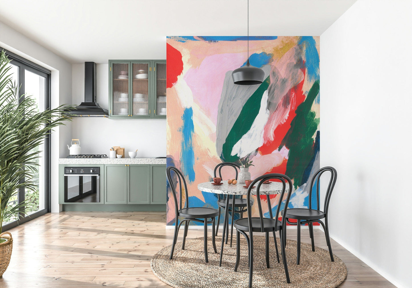 A peaceful modern abstract mural on decorative wallpaper.