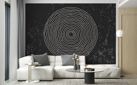 Black & White Concentric Circles wallpaper mural shown as a full feature wall that highlights the design