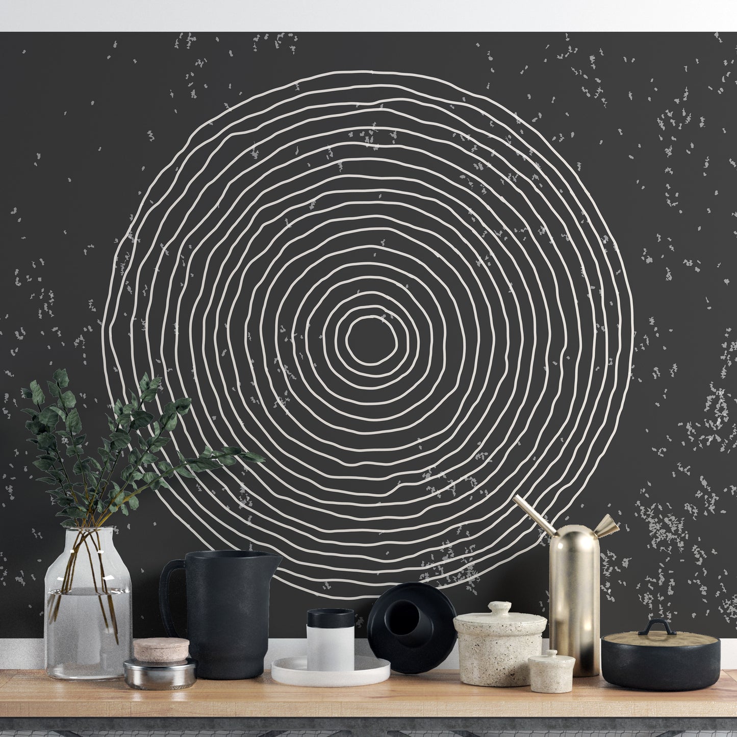 Stylish black and white concentric circles mural for spaces