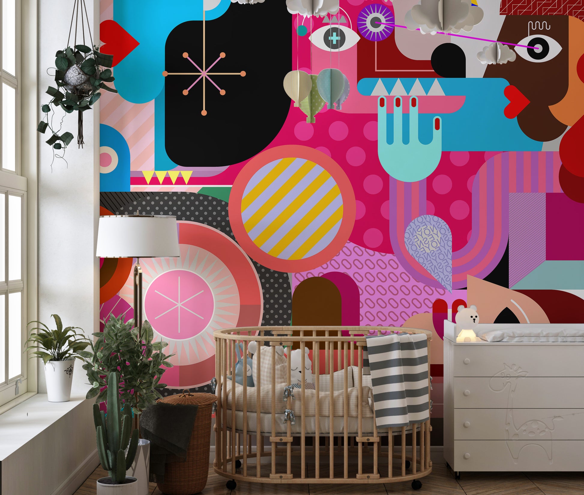 Abstract Designed Group of People wallpaper mural in pink and black behind a wooden crib and white dresser in a nursery