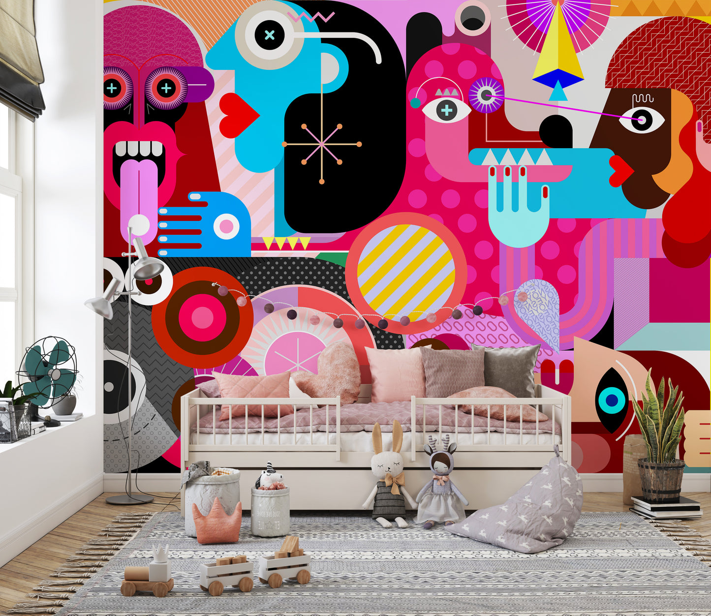 Abstract Designed Group of People wallpaper mural in bright pink behind a cream daybed with pink bedding in a kids room
