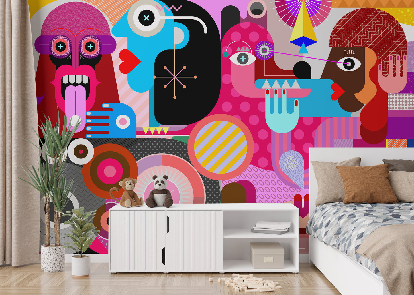 Abstract Designed Group of People wallpaper mural in vivid pink over a white sideboard with plush toys beside a bed