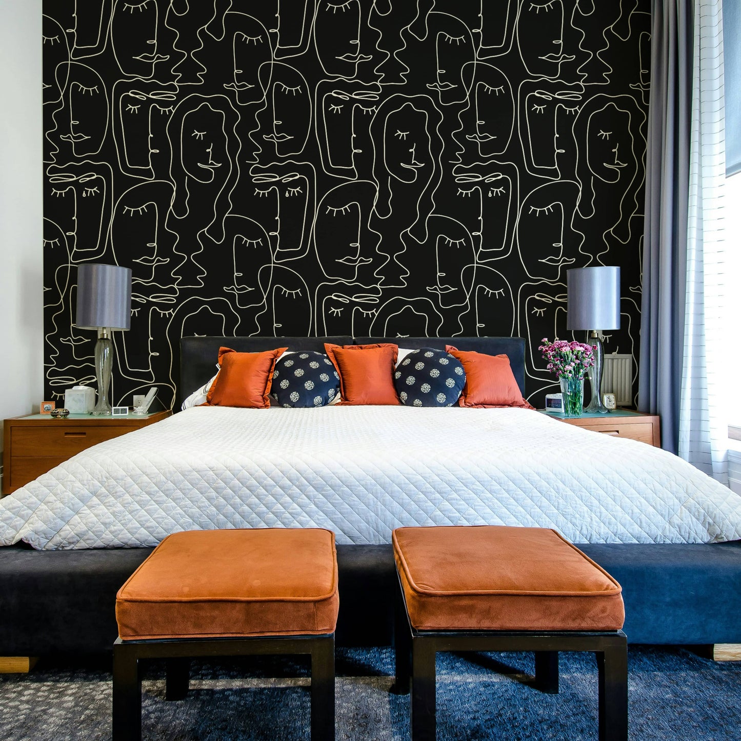 The image features abstract, minimalist line drawings of human faces.
