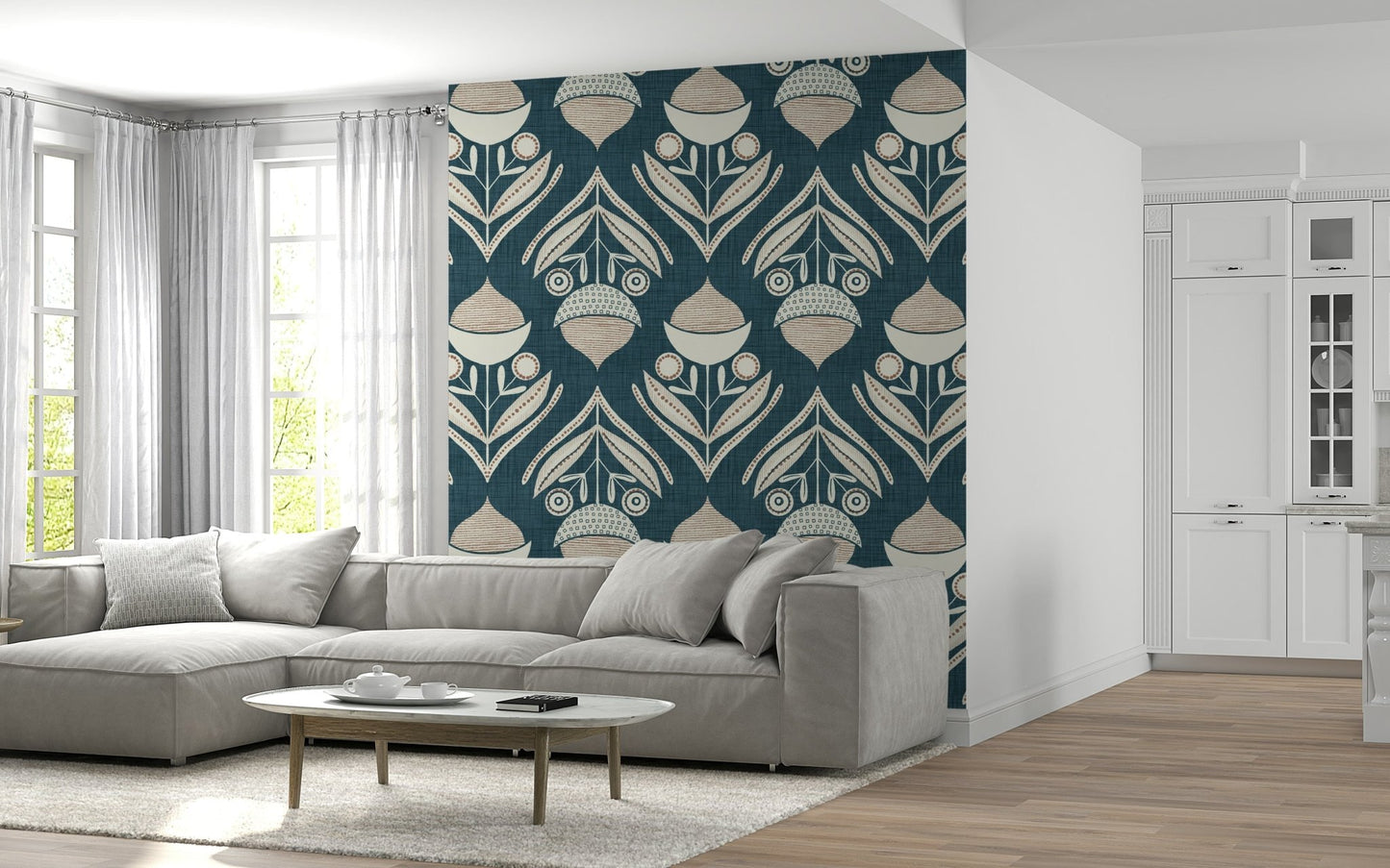 Vintage-inspired floral abstraction with cream blooms and intricate dotted detailing over teal.