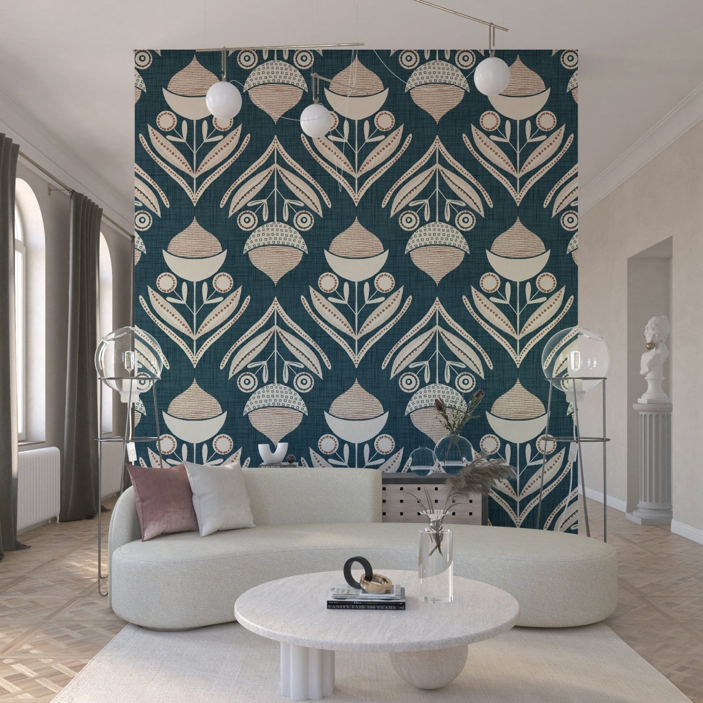 Repeating organic design with stylized blossoms and arching leaves in beige on a teal base.