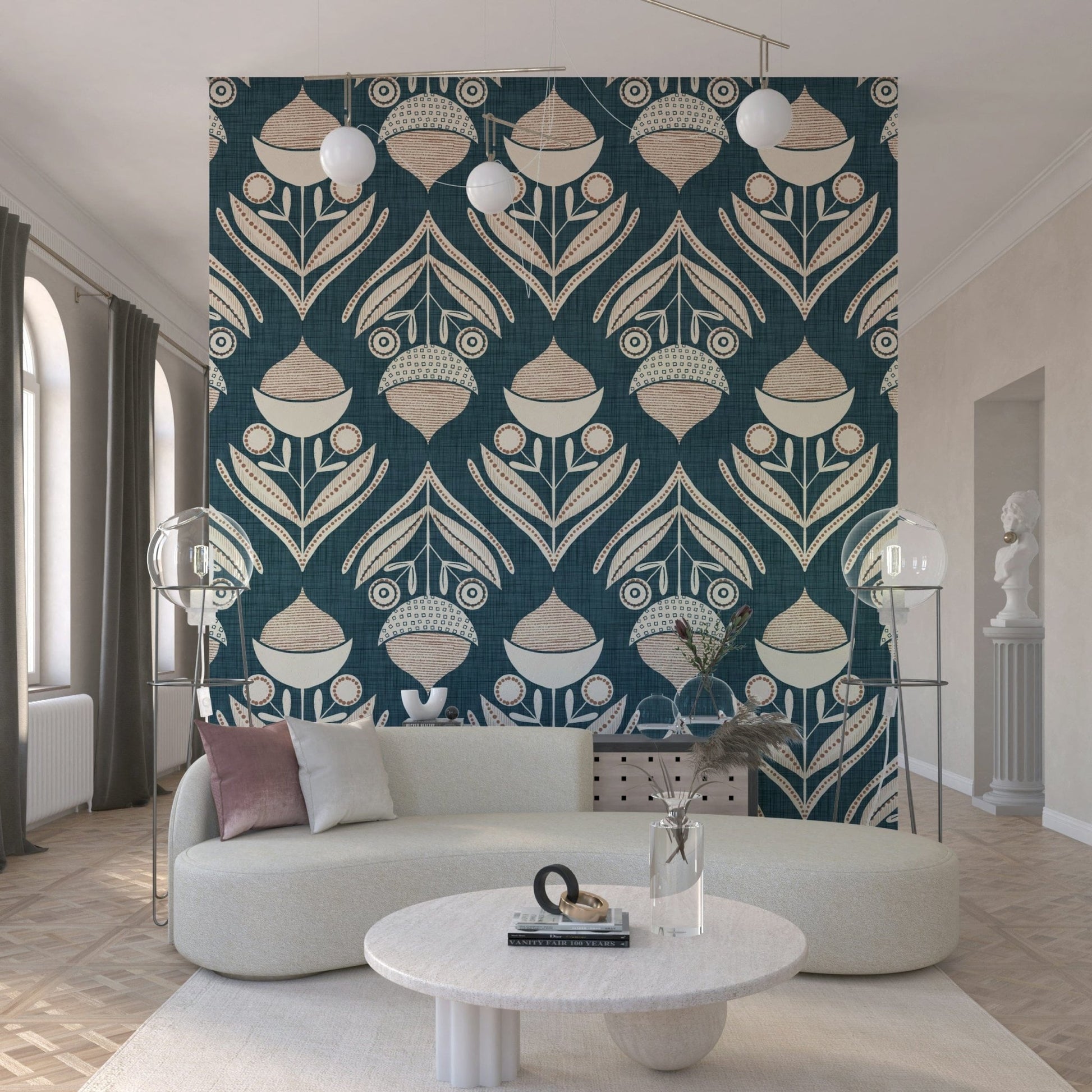 Repeating organic design with stylized blossoms and arching leaves in beige on a teal base.