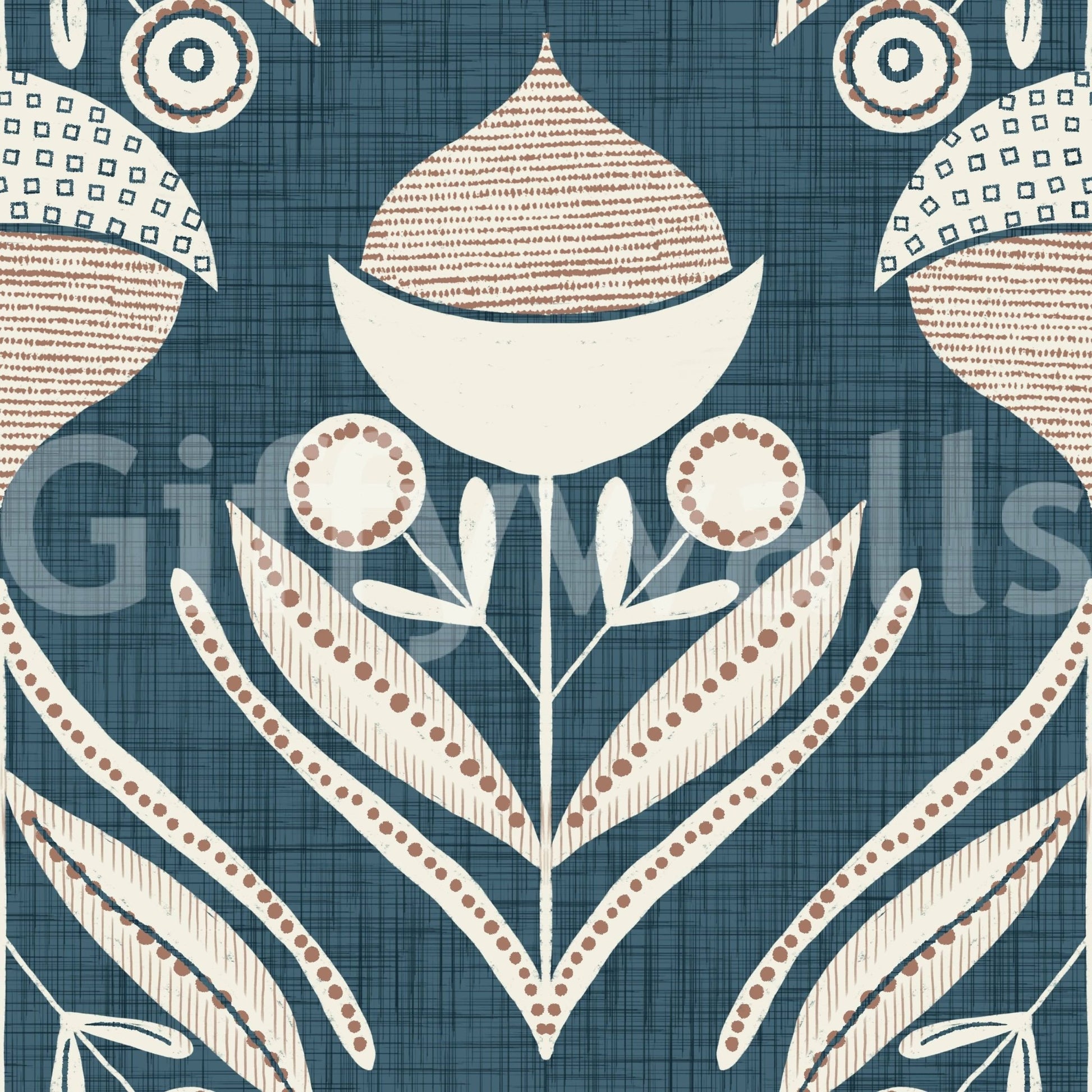 Decorative wallpaper with repeating geometric flowers, small buds, and sweeping leaf forms.