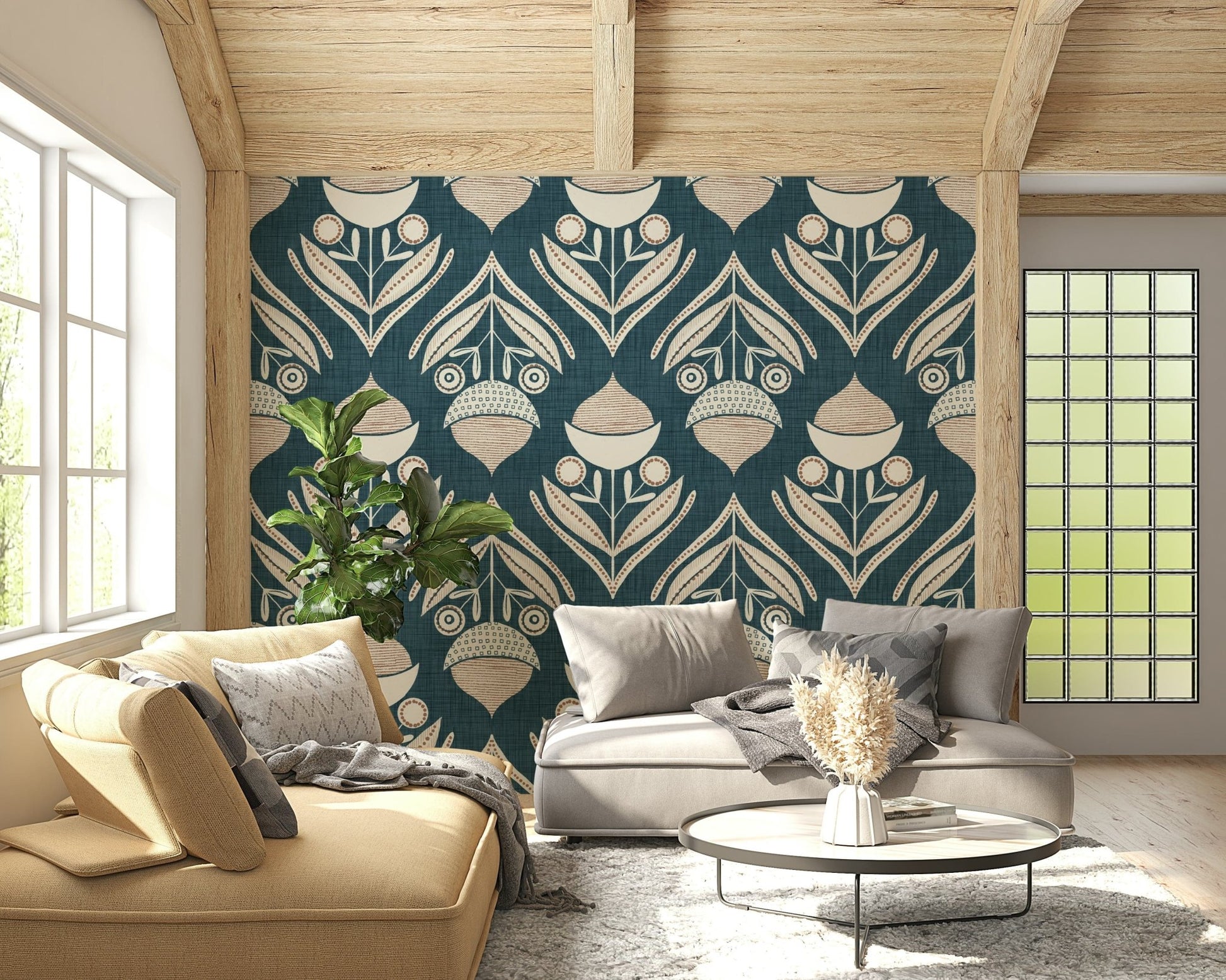Contemporary floral bloom motif with cream petals and dot-textured elements on teal.