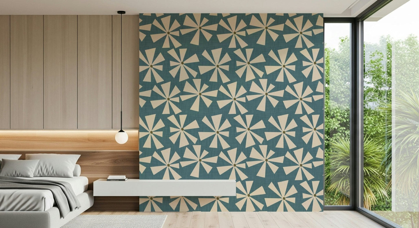 Chic abstract floral pattern with star-like cream flowers in a repeating retro style.