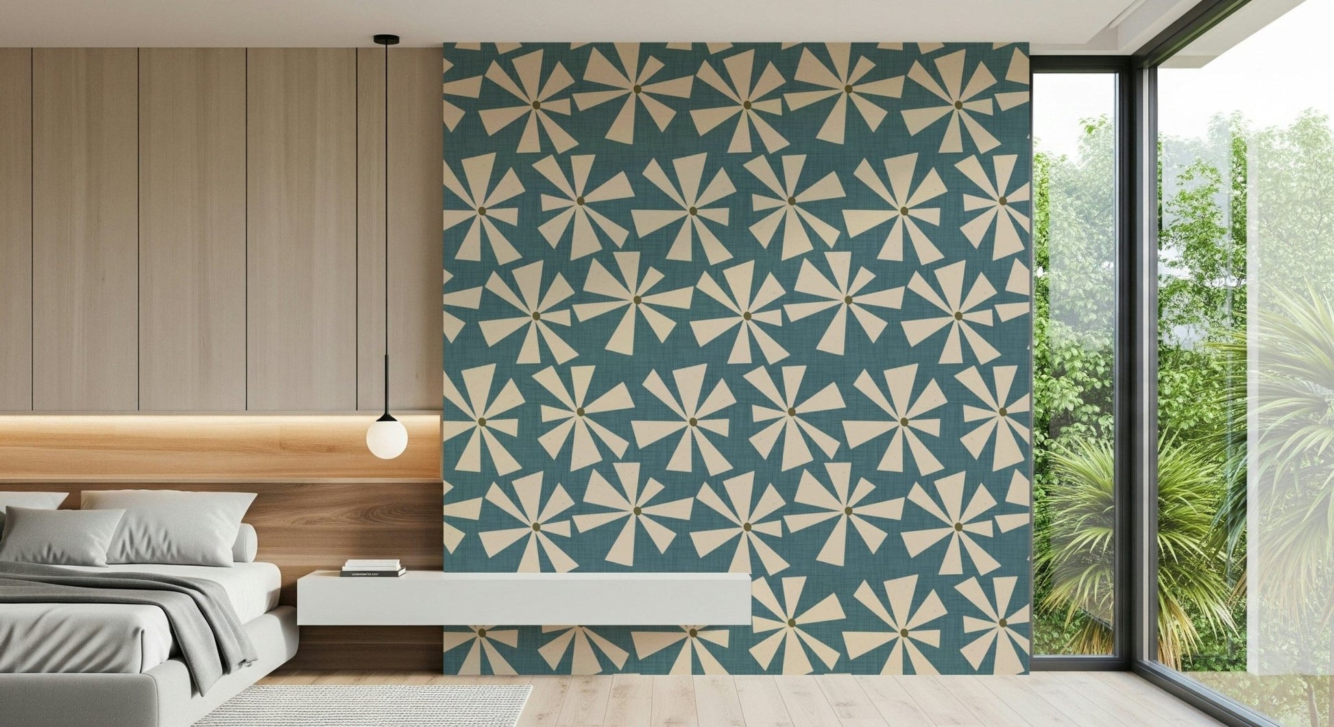 Chic abstract floral pattern with star-like cream flowers in a repeating retro style.