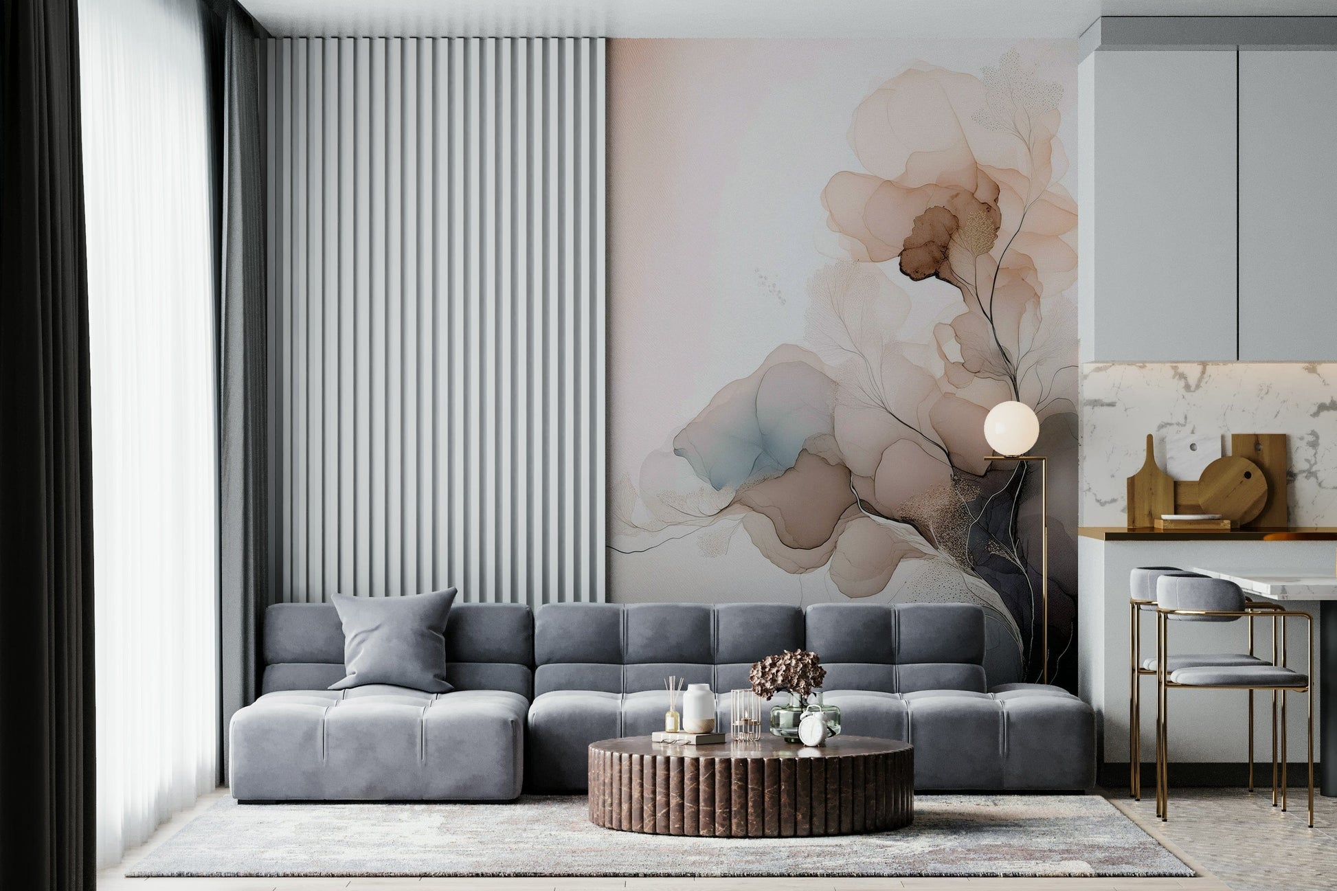 Ink-inspired flower mural with bold brushstrokes and fluid shapes for contemporary interiors.