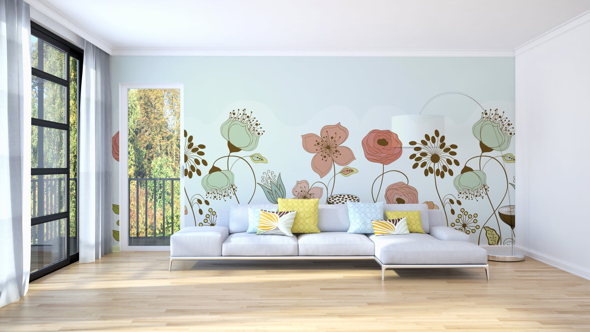 Abstract Flower wallpaper mural of peach and sage blooms on pale mint behind a grey sectional sofa