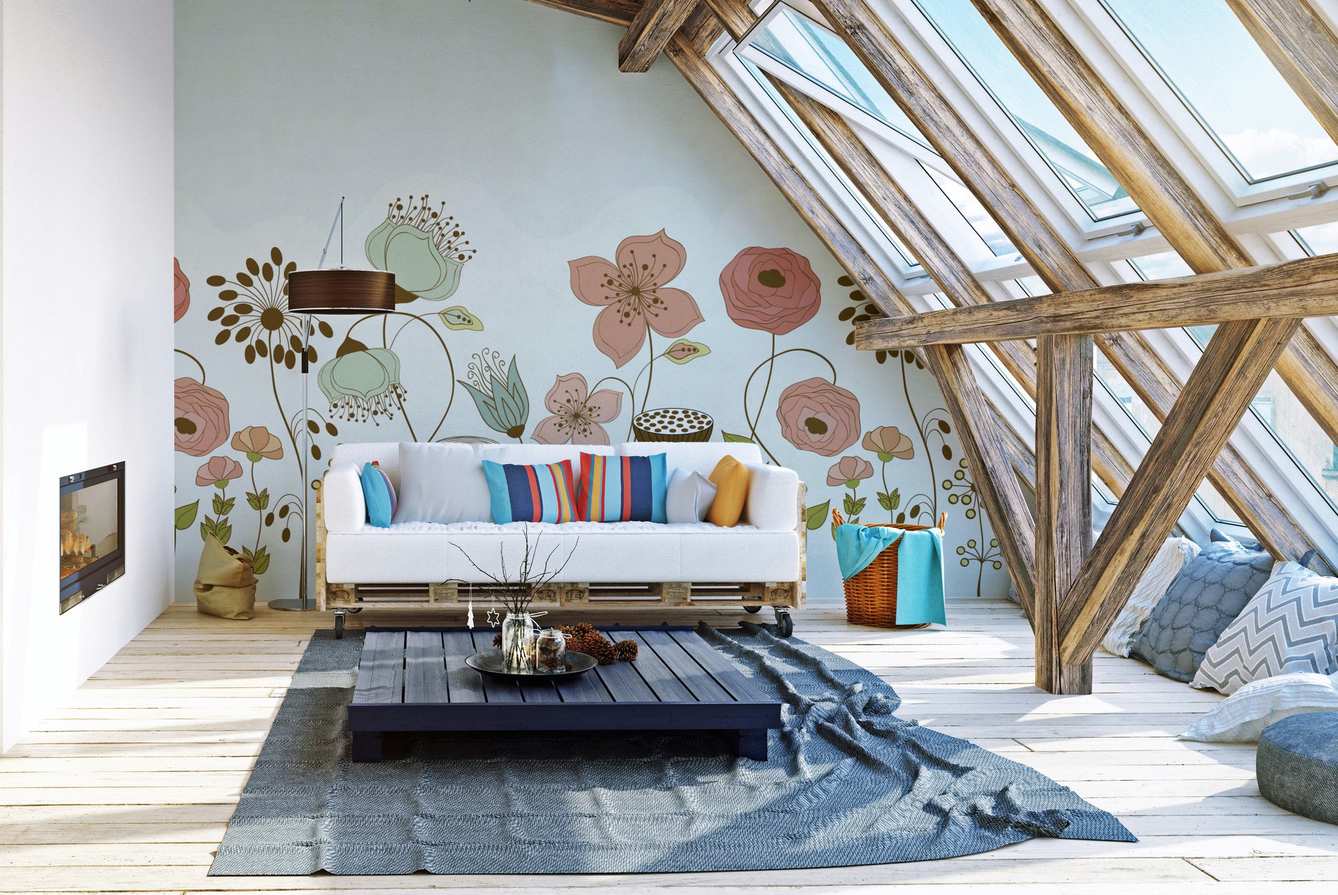 Abstract Flower wallpaper mural of peach poppies on mint in an attic lounge with a white pallet sofa