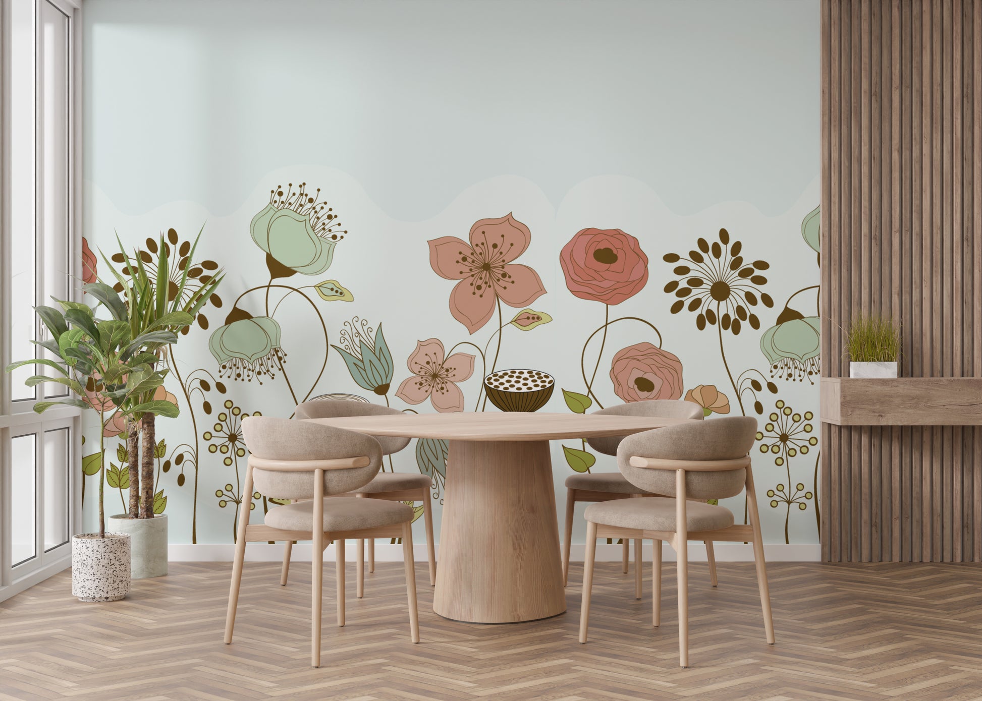 Abstract Flower wallpaper mural of peach and sage retro blooms on mint behind a round wood dining table and chairs
