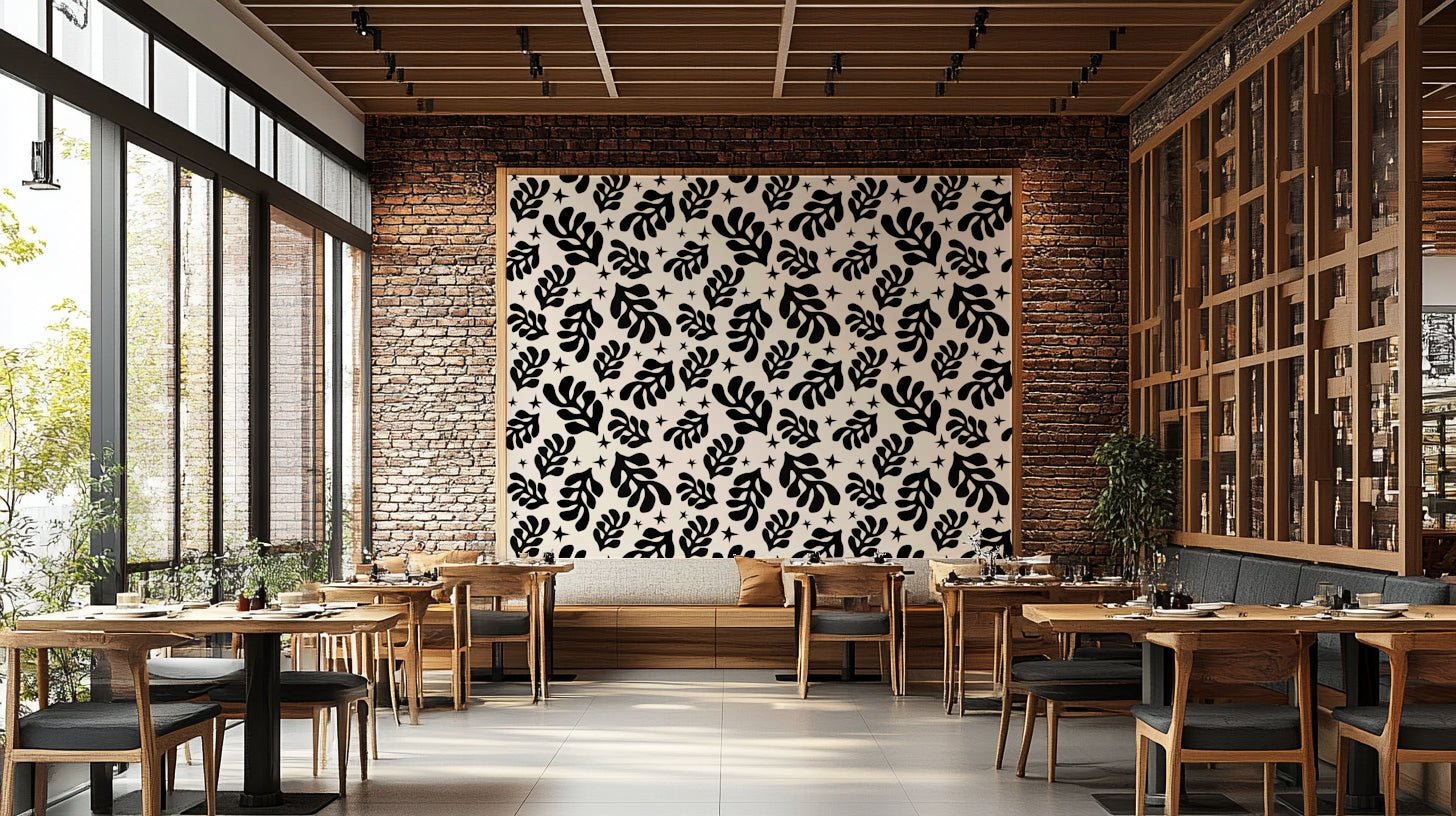 The wallpaper is applied seamlessly, giving the wall a uniform, high-end look.

