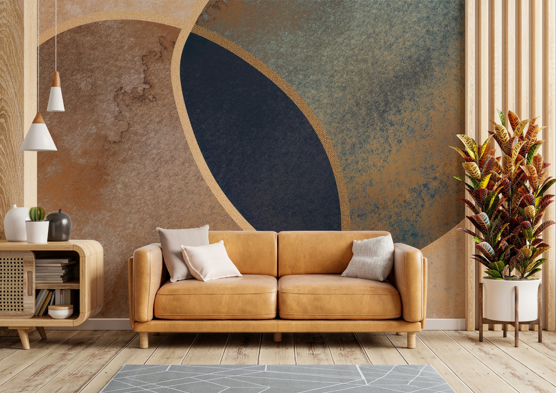A graceful subtle abstract wall mural in cool, natural tones.


