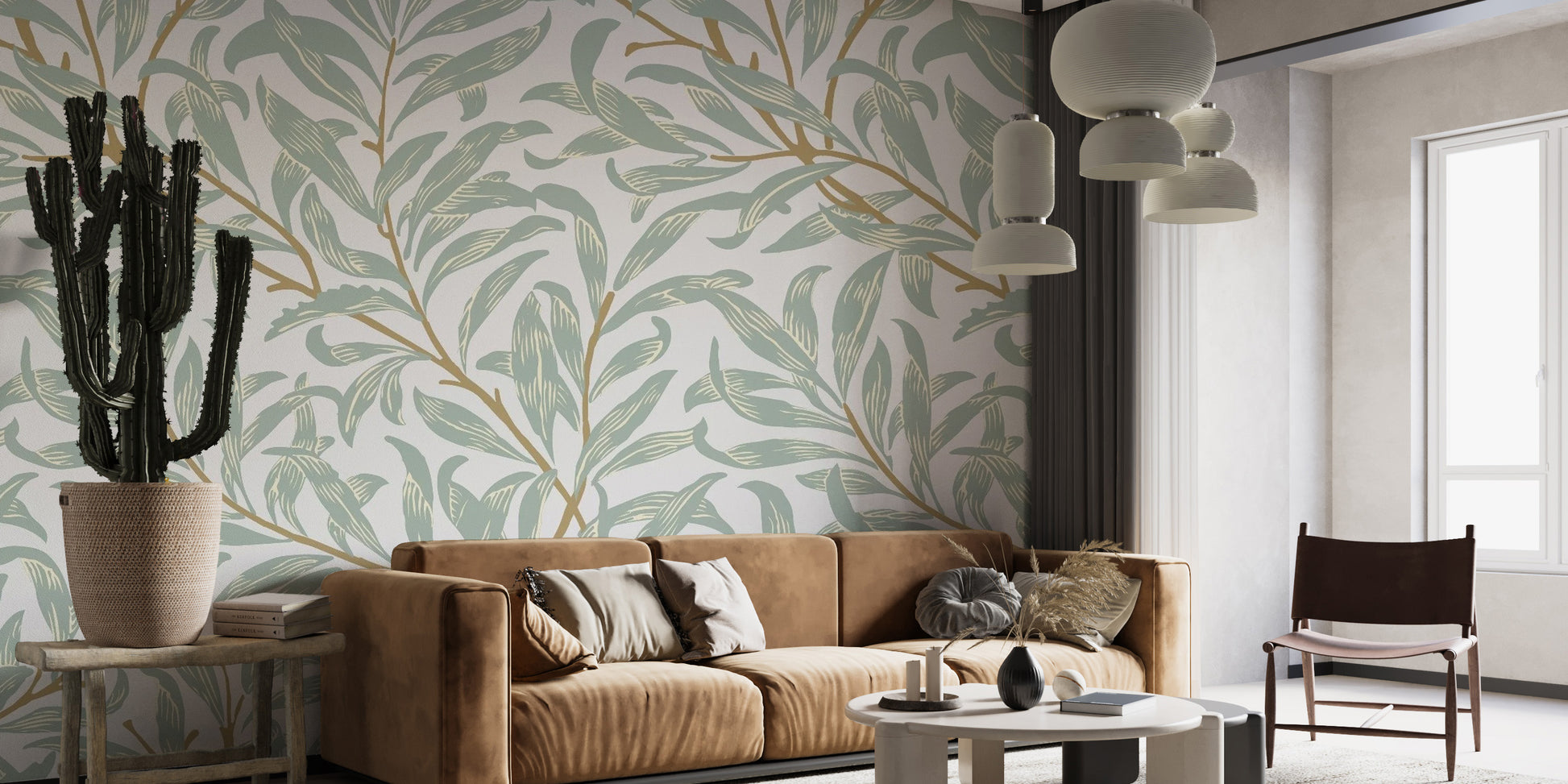 Creative abstract green leaves wallpaper mural with gold line accents.