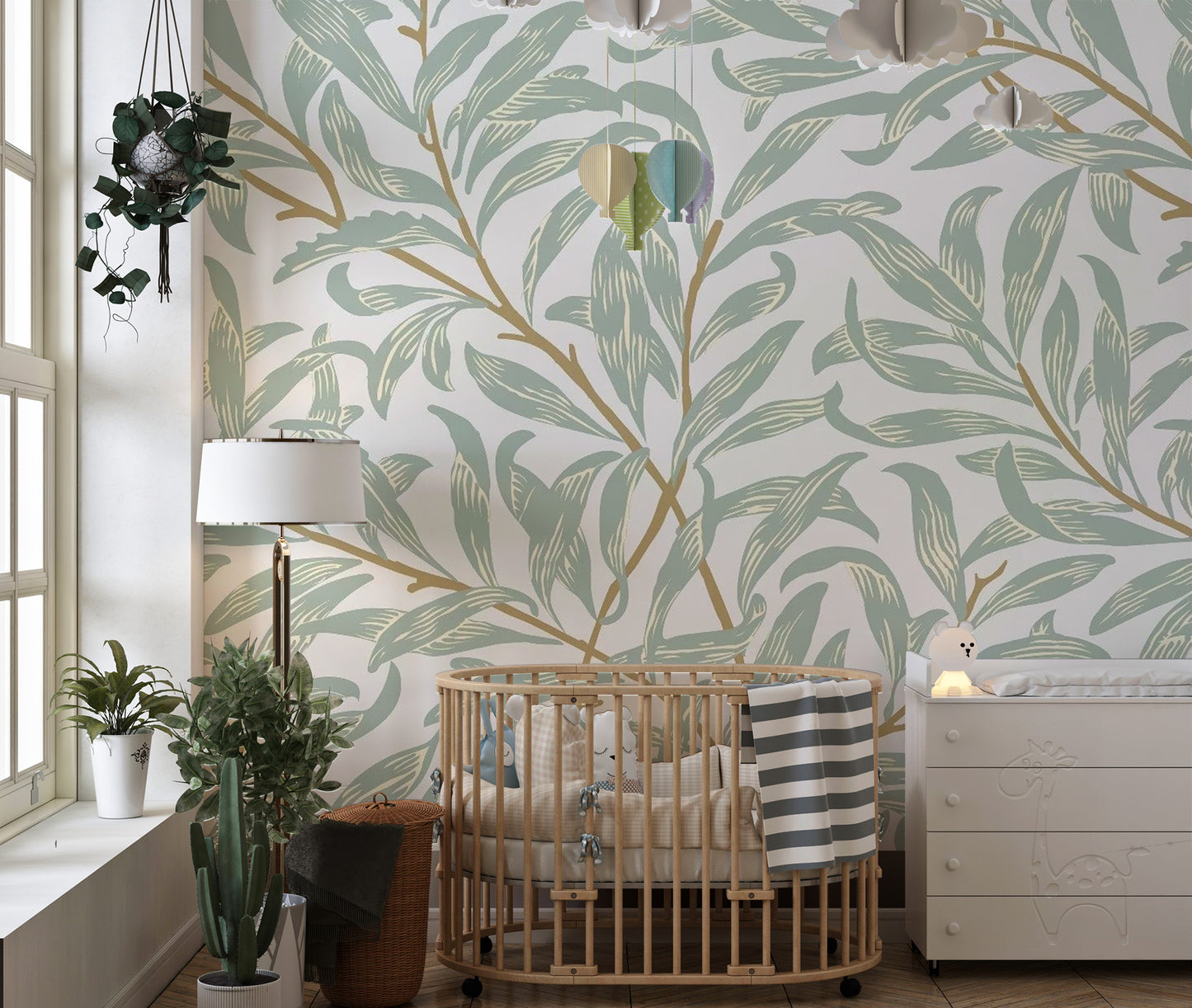 Sophisticated mint green wall mural with subtle organic leaf shapes.