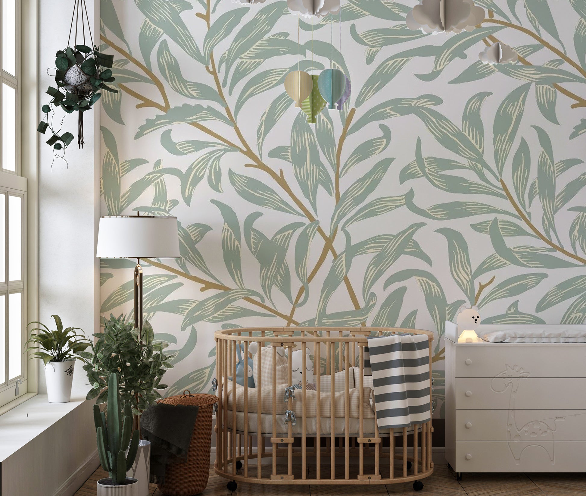 Sophisticated mint green wall mural with subtle organic leaf shapes.