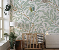 Sophisticated mint green wall mural with subtle organic leaf shapes.