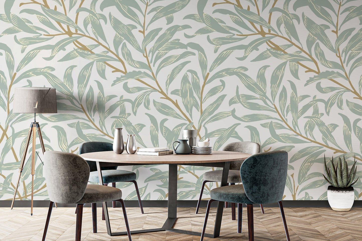 Detailed botanical wallpaper mural showing artistic brushstrokes and foliage.