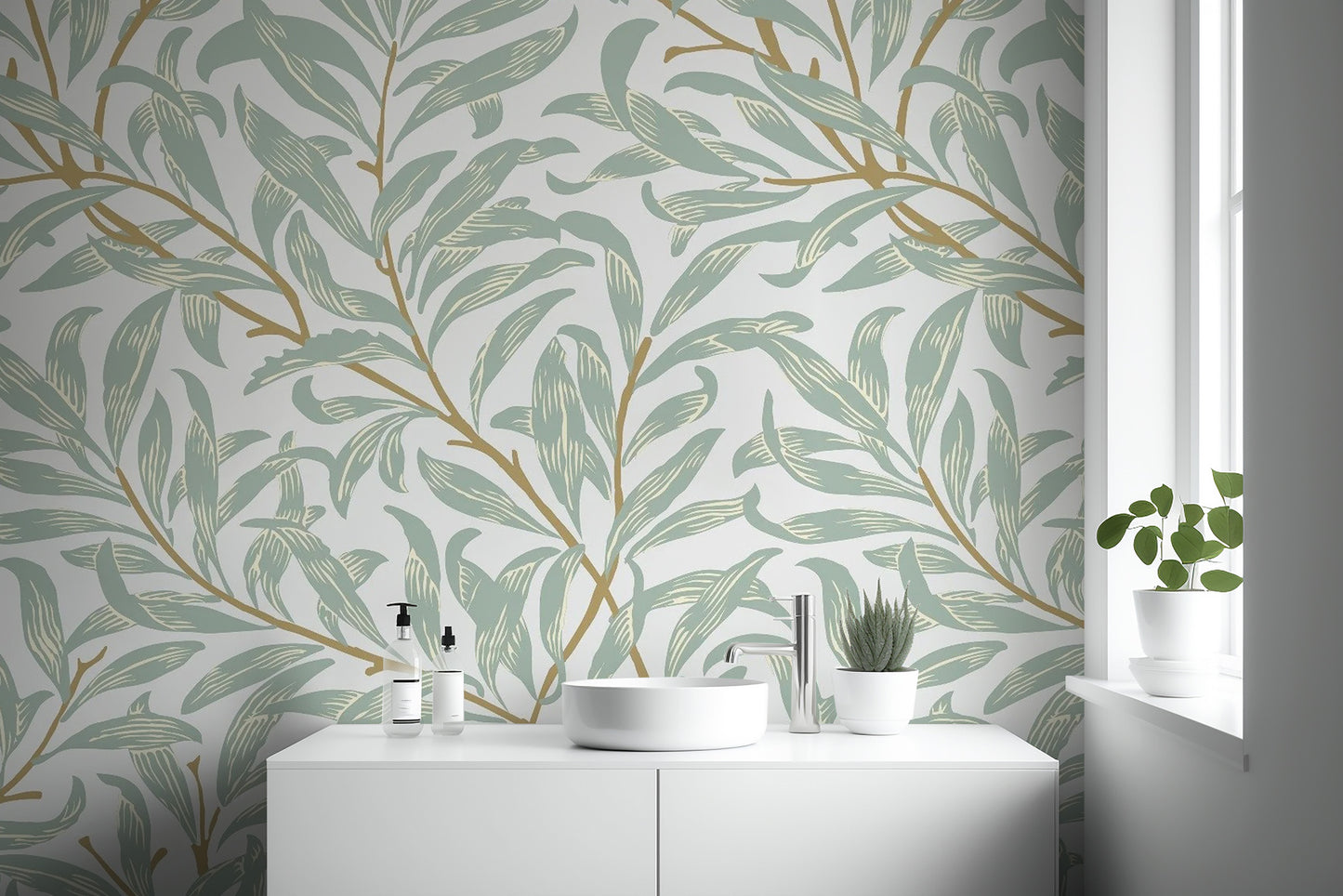 Bold tropical style bathroom wall mural with overlapping dark green leaf patterns.