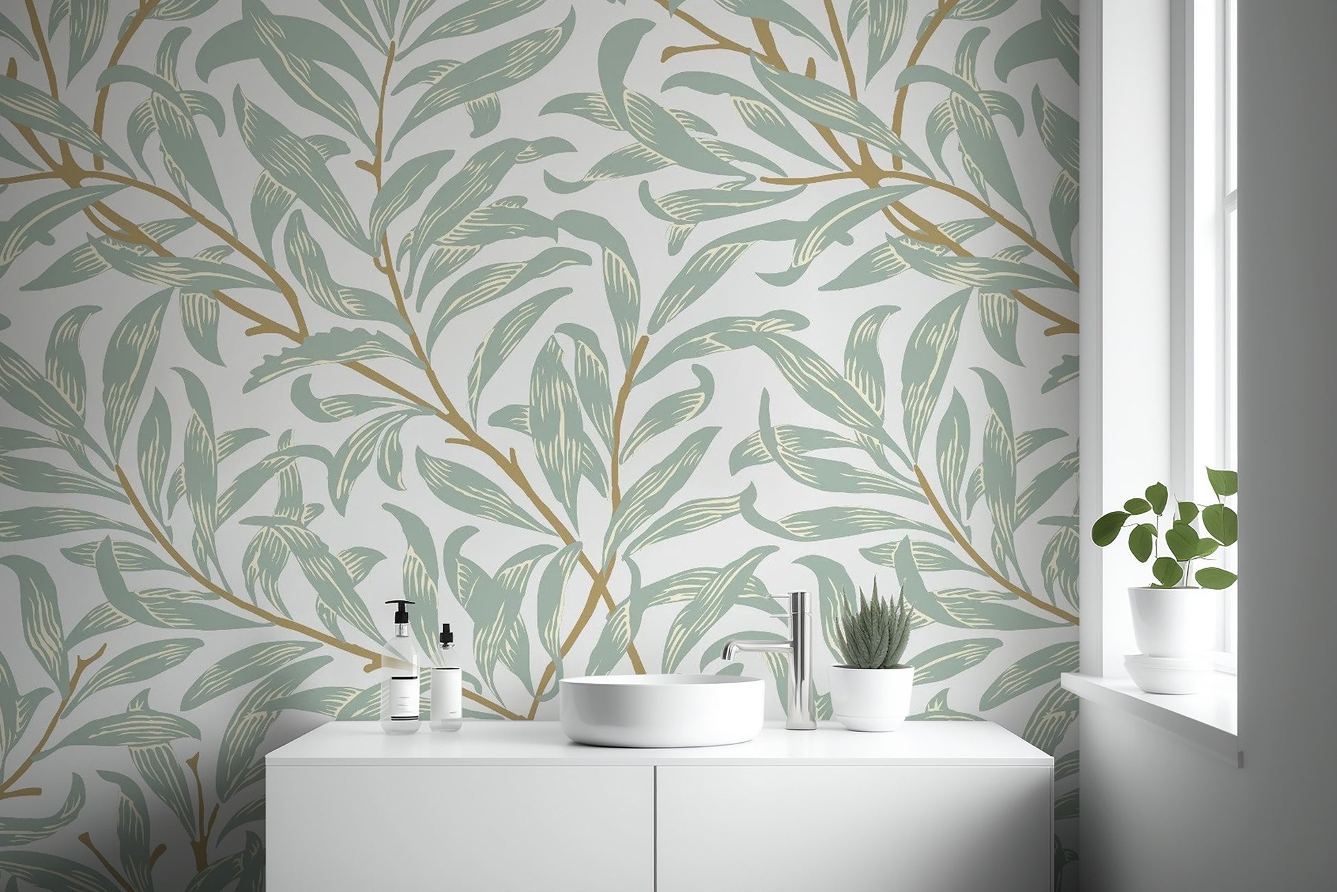 Bold tropical style bathroom wall mural with overlapping dark green leaf patterns.