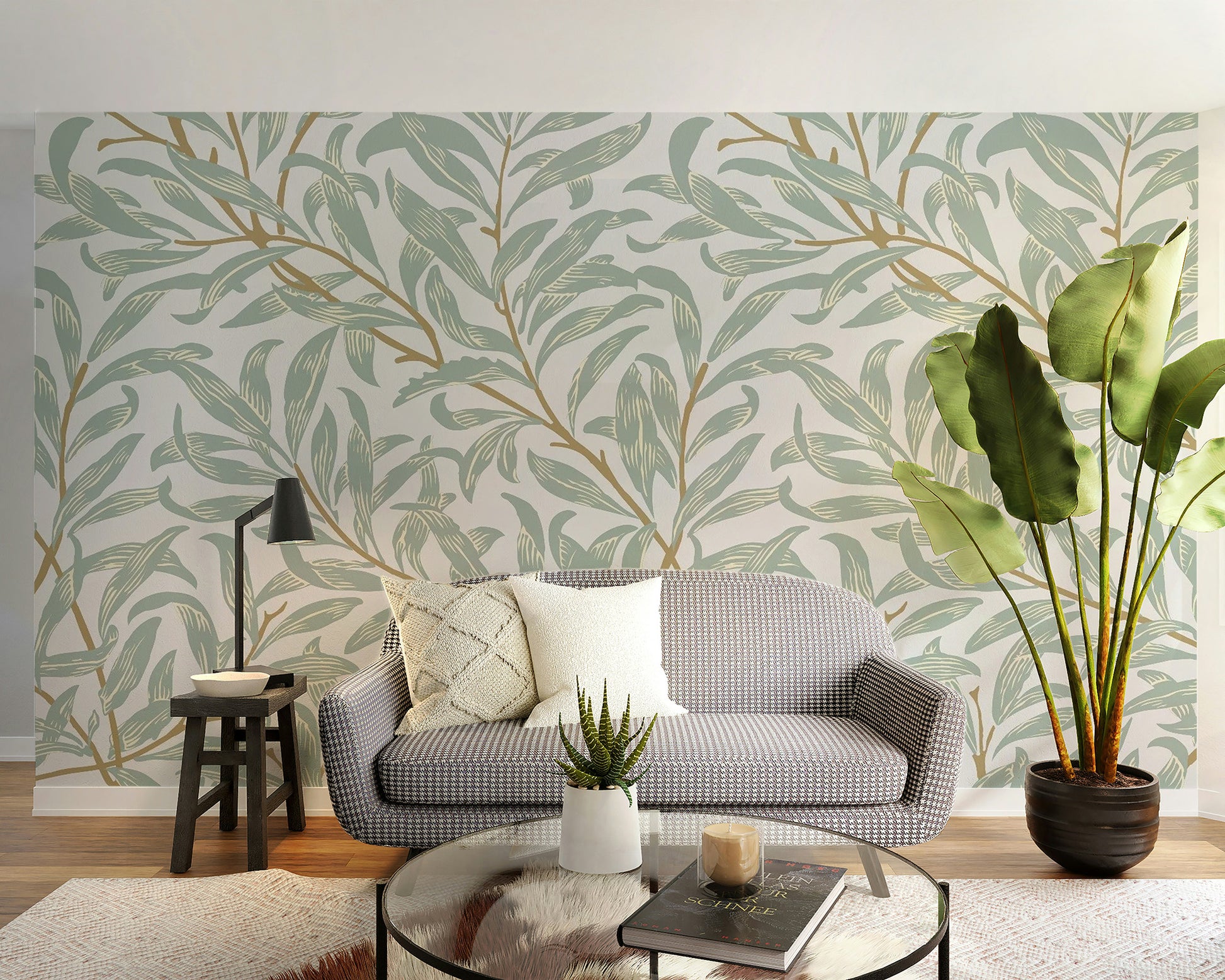 Muted pastel leaf hallway wallpaper mural for a serene and airy feature wall.
