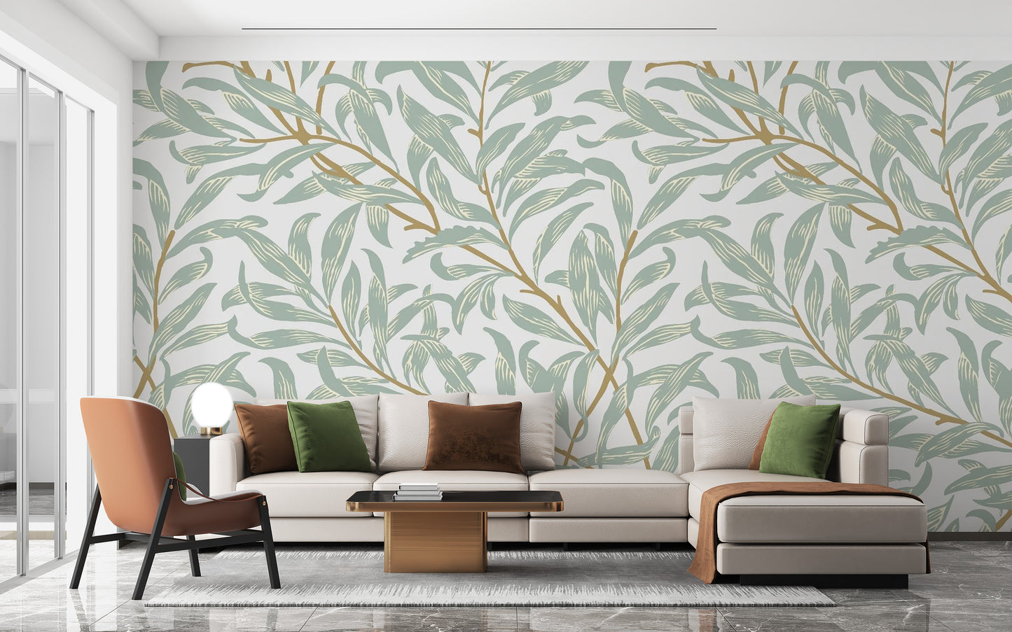 Abstract green leaves hallway wallpaper mural with soft sage and emerald tones.
