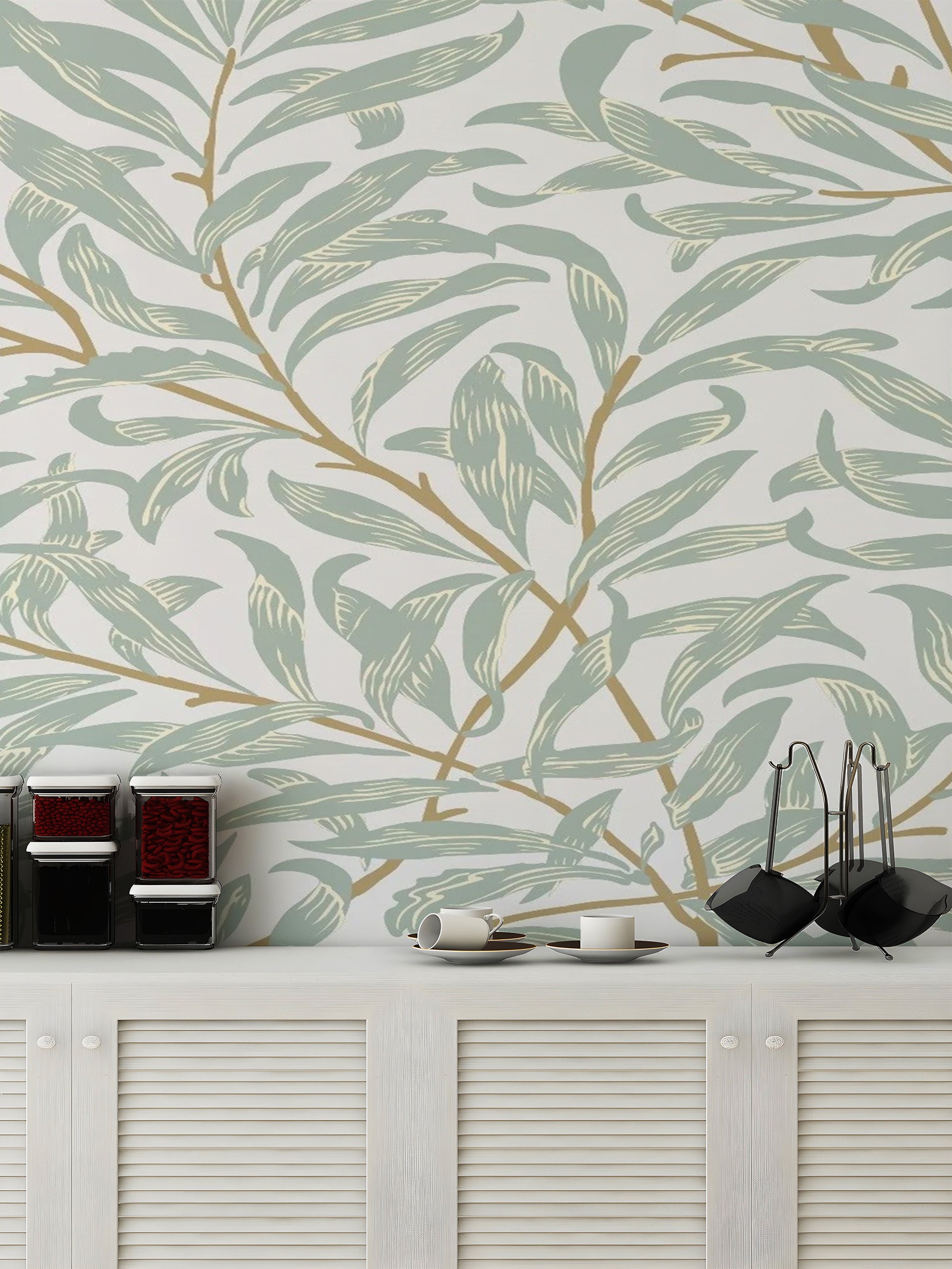 Modern artistic wallpaper mural with a textured matte forest green finish.