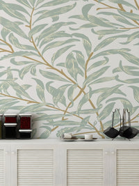 Modern artistic wallpaper mural with a textured matte forest green finish.