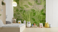 Earthy wall mural with soft painted foliage elements

