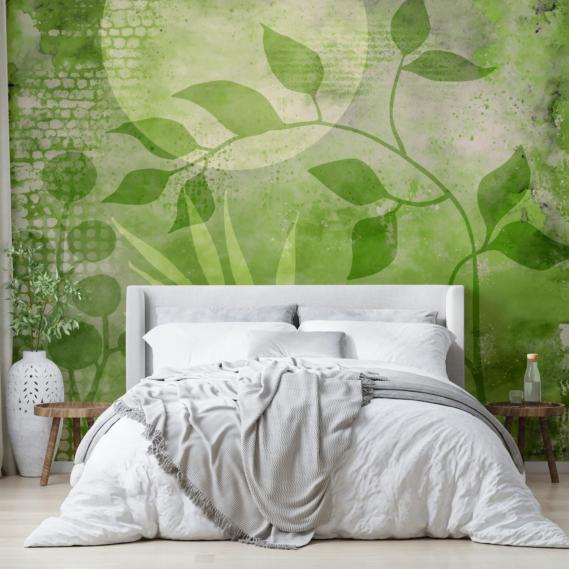 Textured mural with brushstroke and leaf-like patterns

