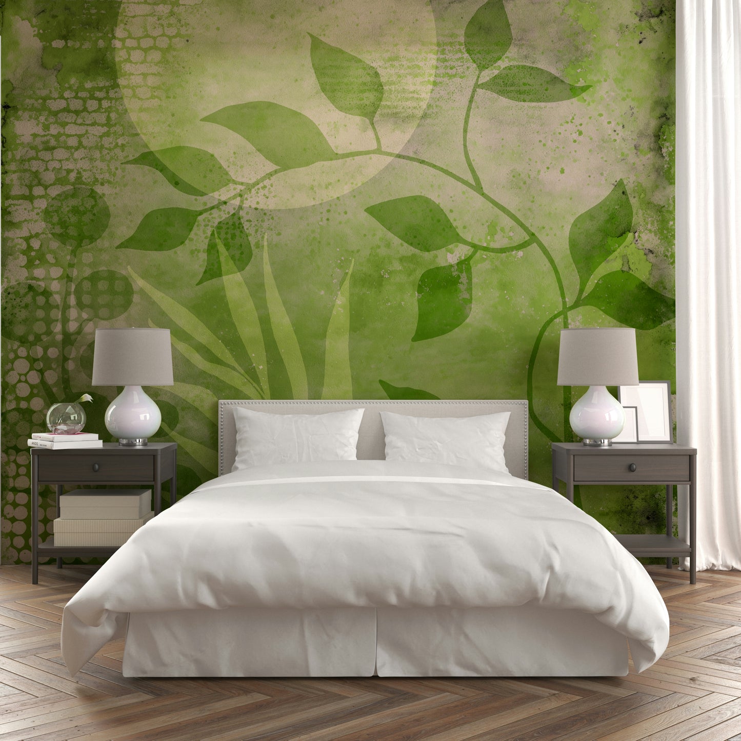 Abstract greenery wall mural with mixed media textures

