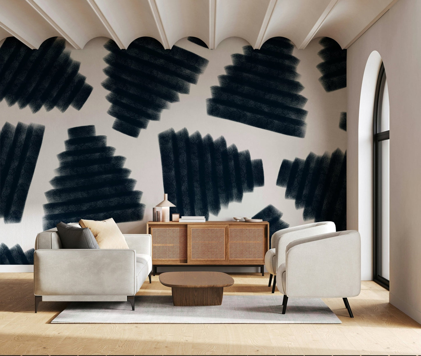 Deep indigo abstract mural with watercolor-inspired patterns bringing elegance to interiors.