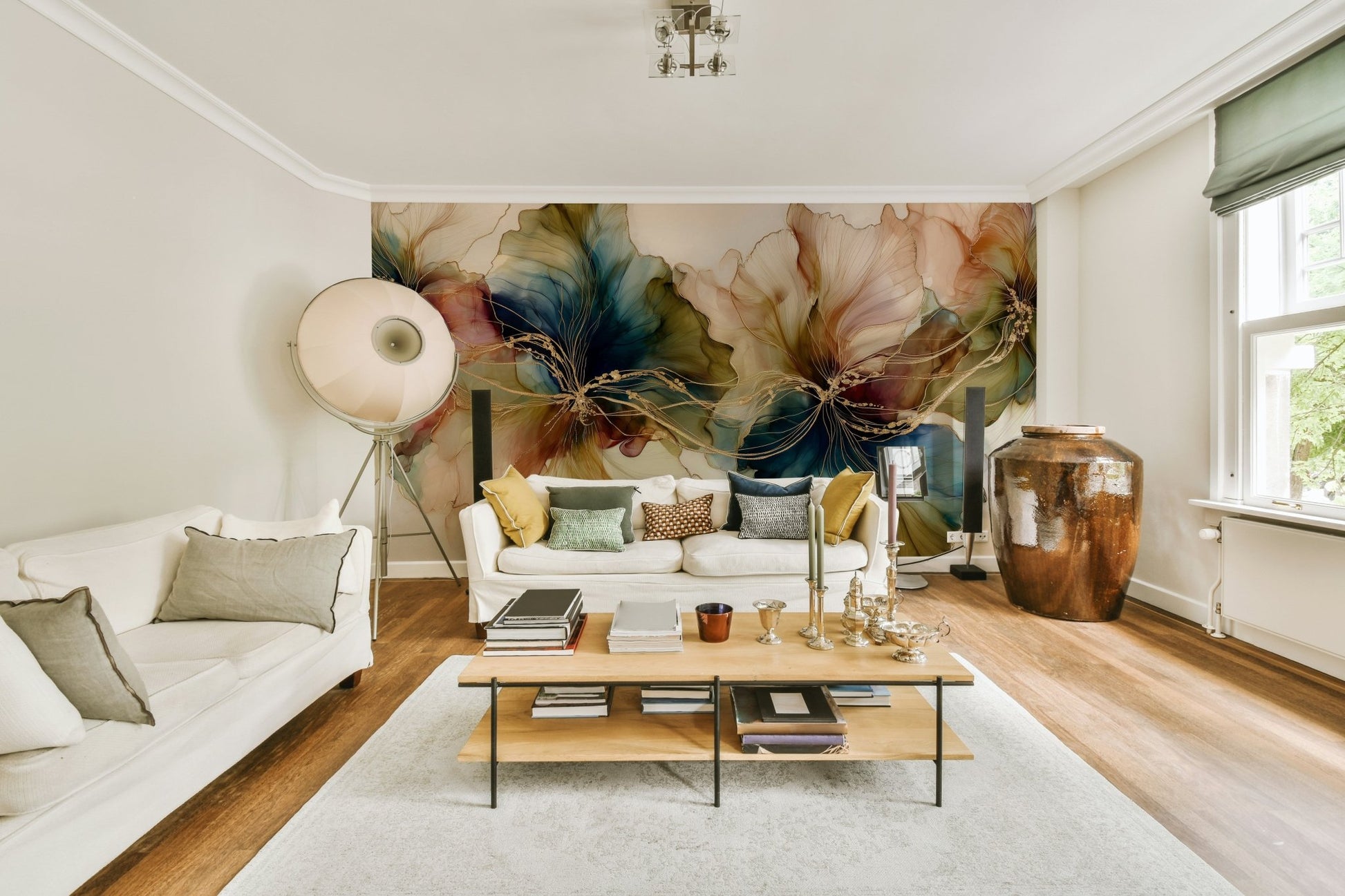 Artistic floral wallpaper in soft tones

