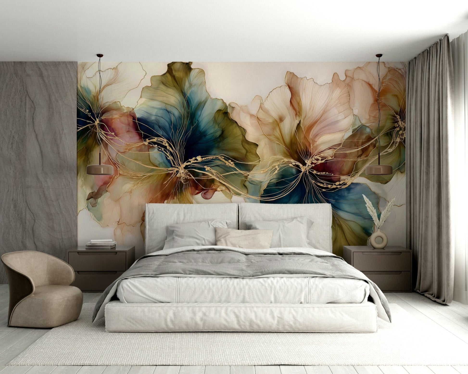Flowing ink floral mural wallpaper design

