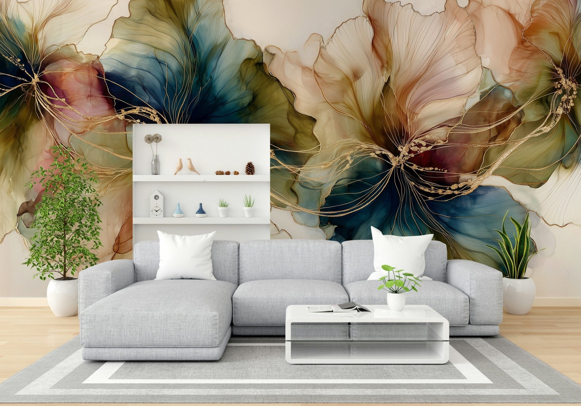 Abstract Ink Flowers Dance wallpaper mural with jewel-tone teal and amber blooms behind a grey sectional sofa in a living room