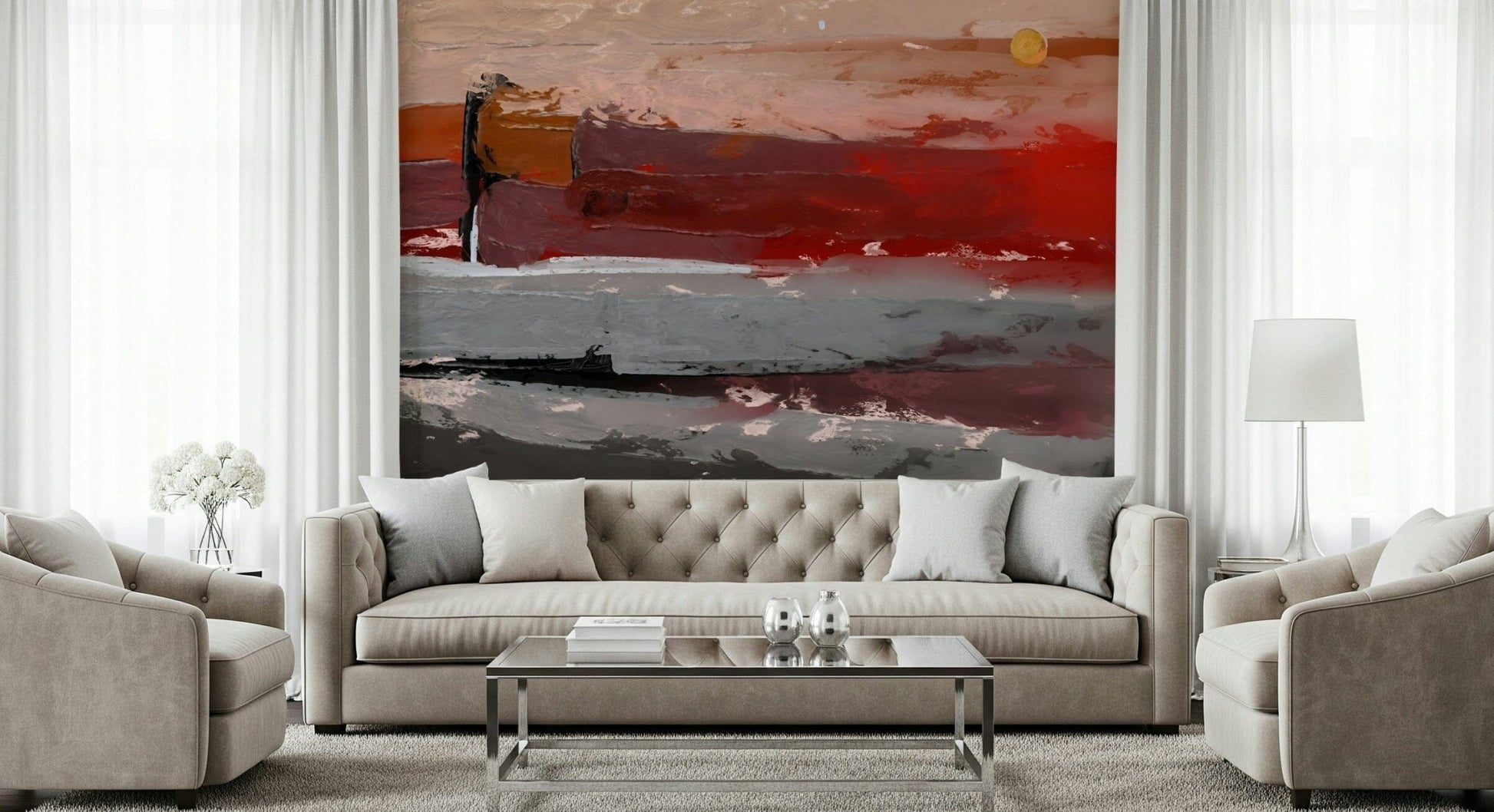 Geometric mountain shapes mural for a minimalist apartment bedroom wall.