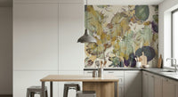 A calming foliage design wallpaper mural that defines a space.

