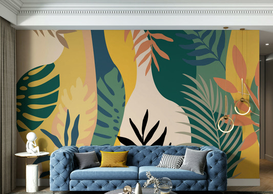 A peaceful wall mural with a natural, abstract design.

