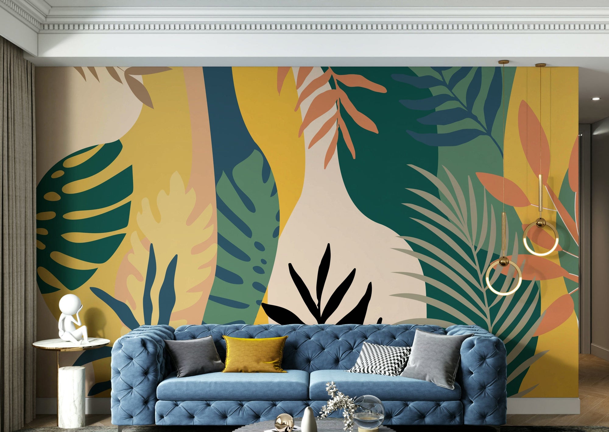 A peaceful wall mural with a natural, abstract design.

