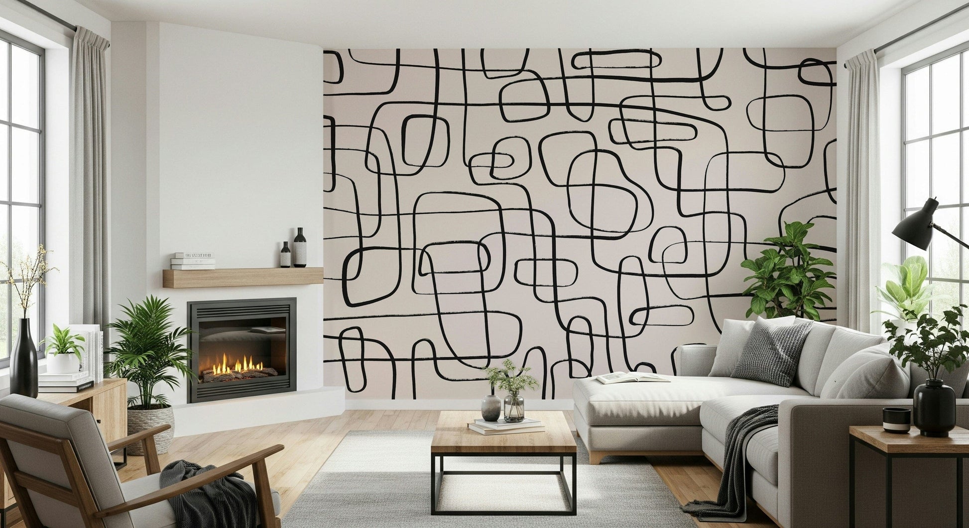 An artistic minimalist form mural for home decor.