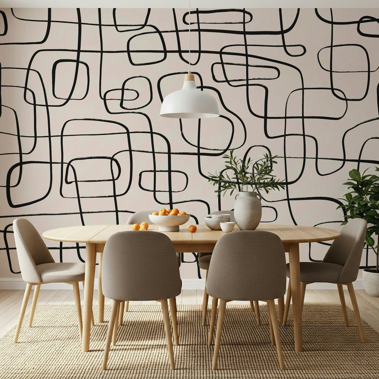 An artistic flowing abstract mural on minimalist wallpaper.